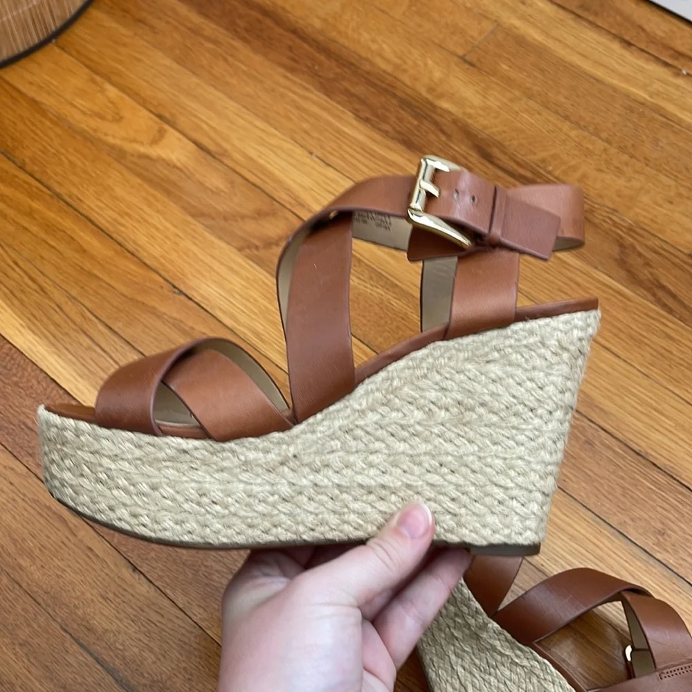 Michael Kors Brown Leather Crisscross Wedge Sandals size 7.5